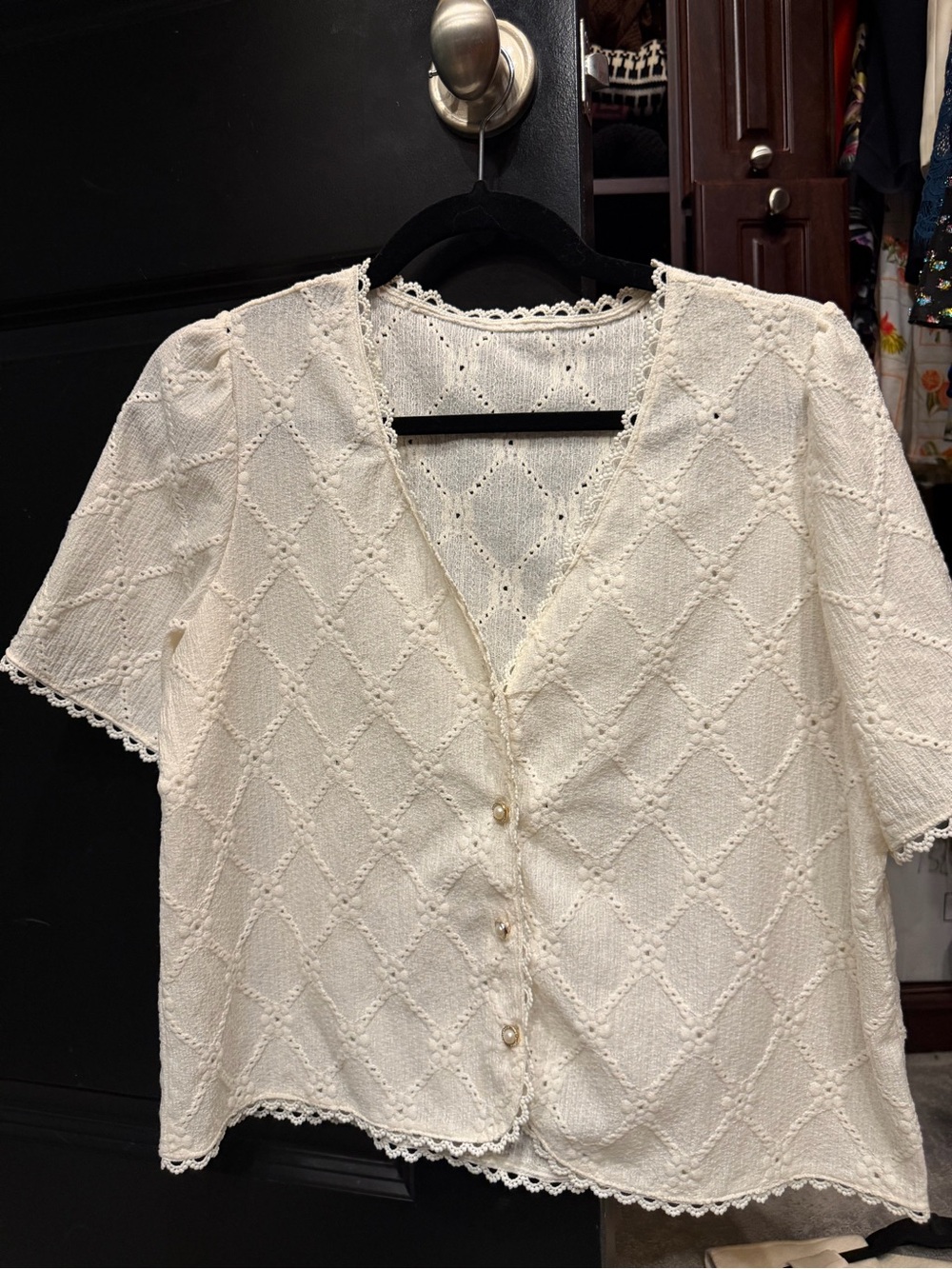 Cream Lace Knit Button-Front Women's Top